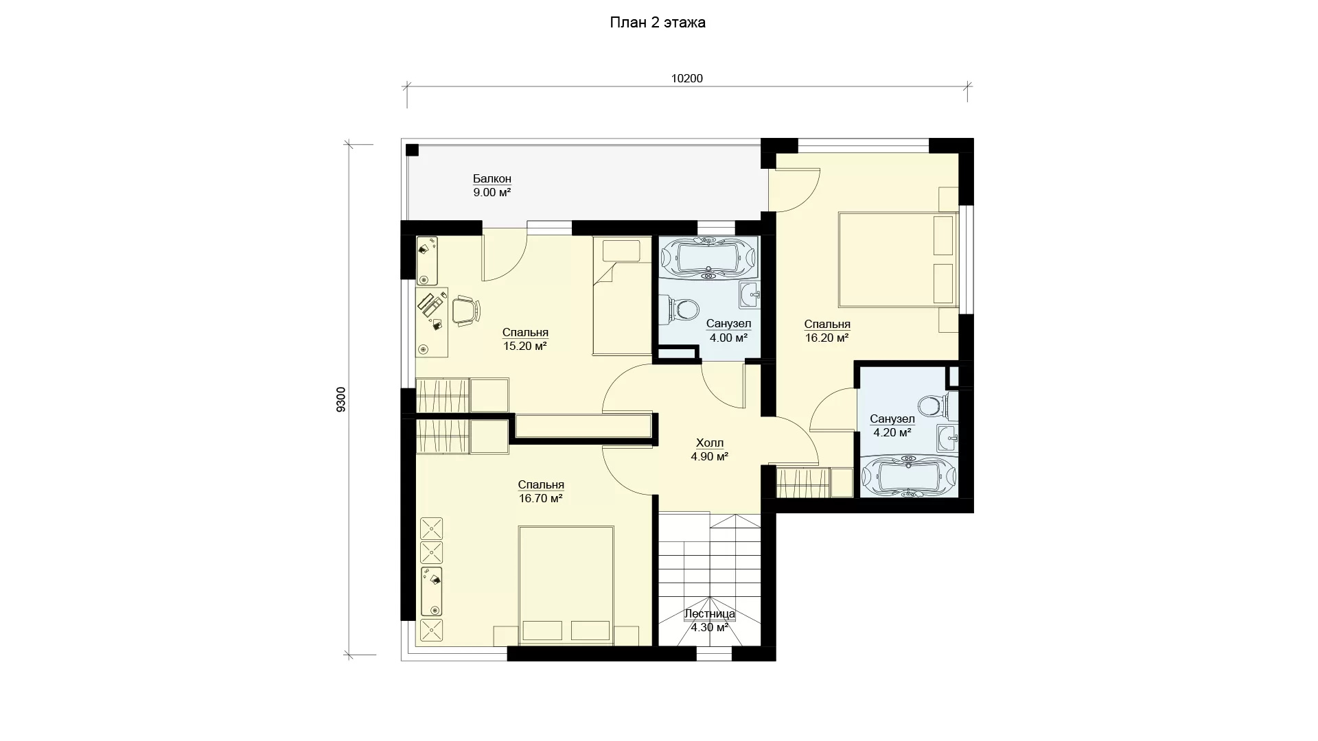 Планировка второго этажа дом 9 на 10 с балконом и террасой, проект МС-186/1