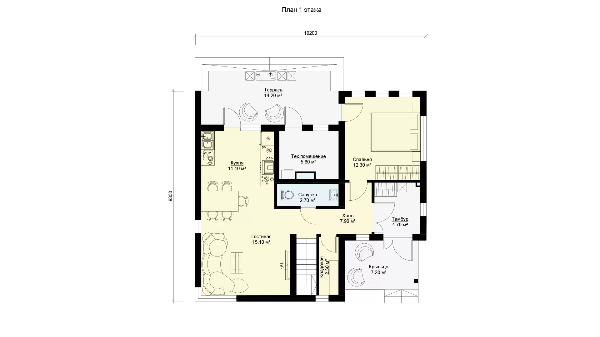 План первого этажа двухэтажный загородный дом 9 на 10 БЭНПАН МС-186