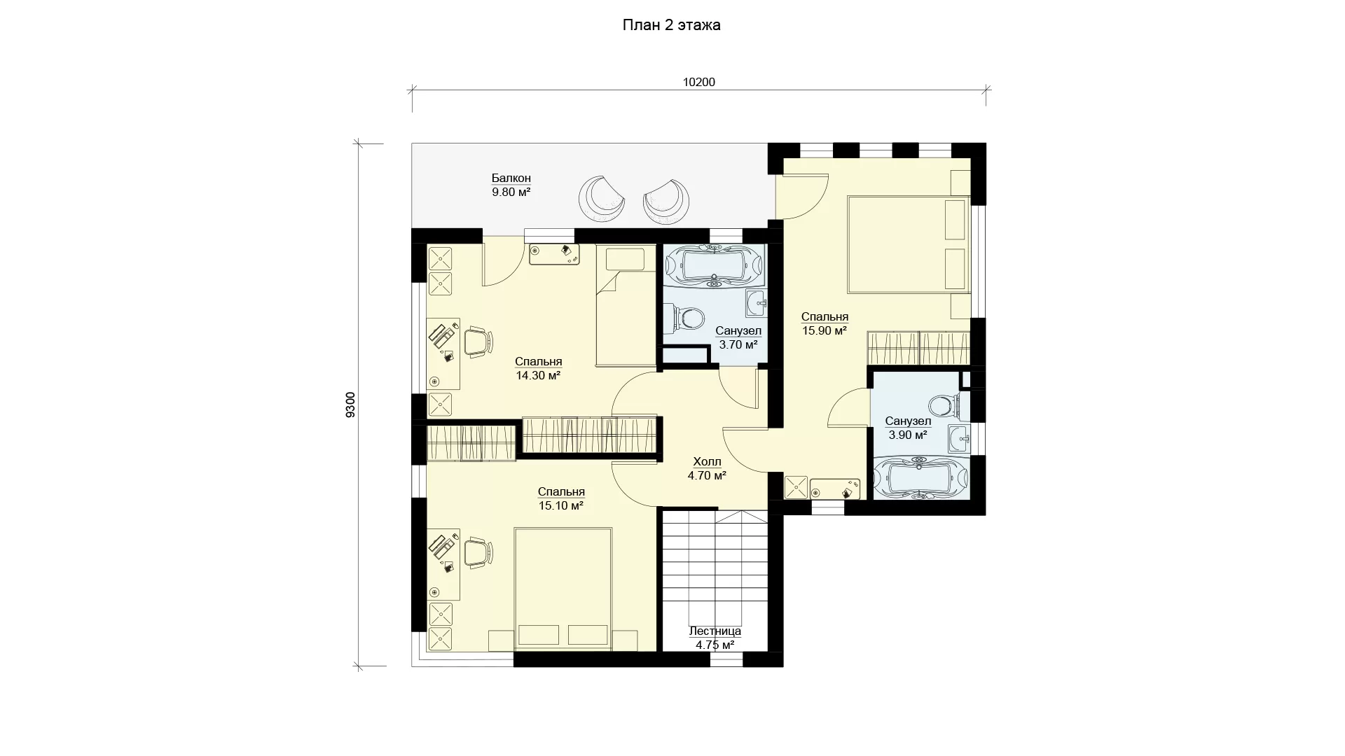 Планировка второго этажа загородный дом 9 на 10 с 4 спальнями проект МС-186