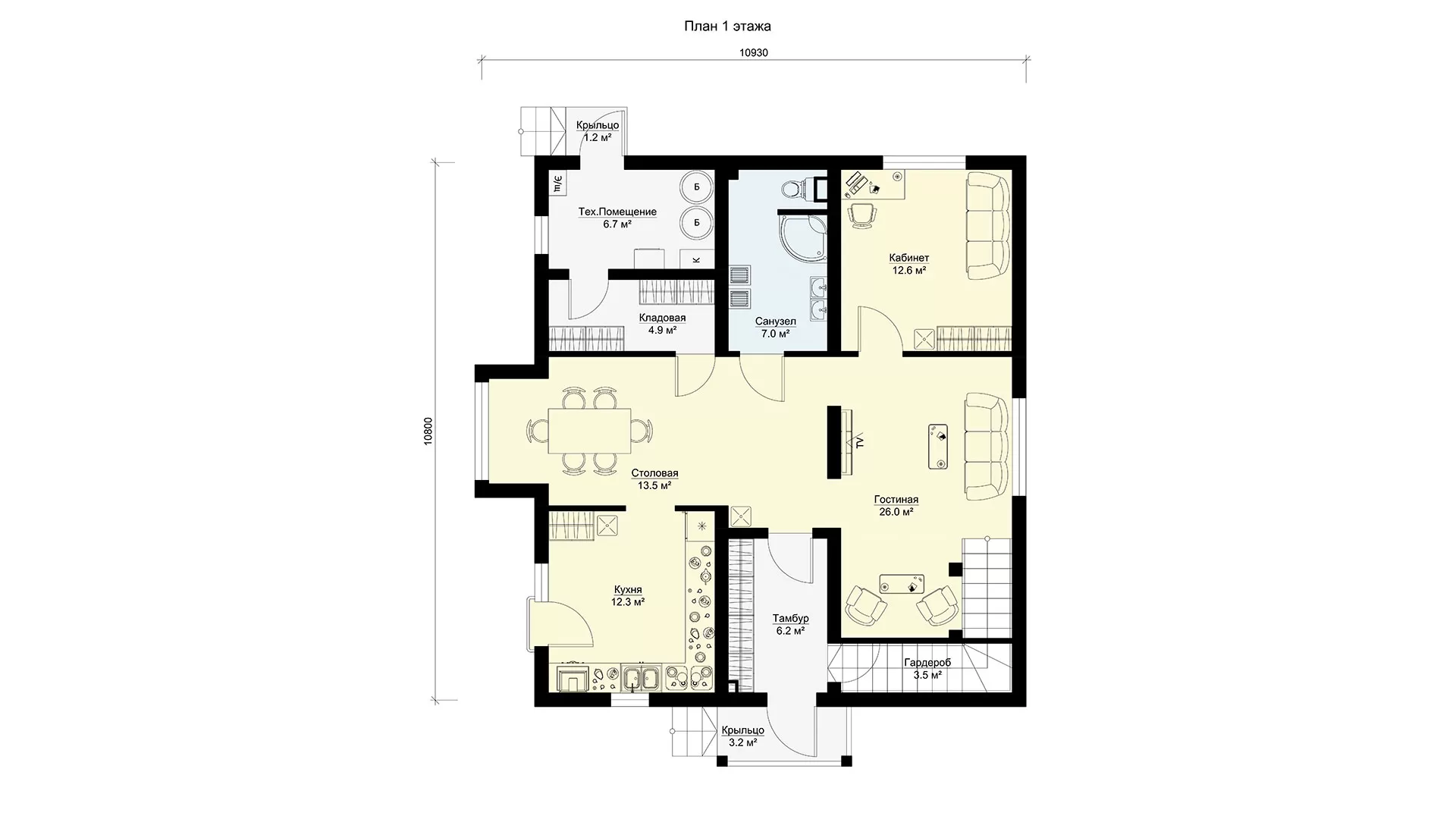 План первого этажа двухэтажный дом 11 на 11, проект БЭНПАН МС-187