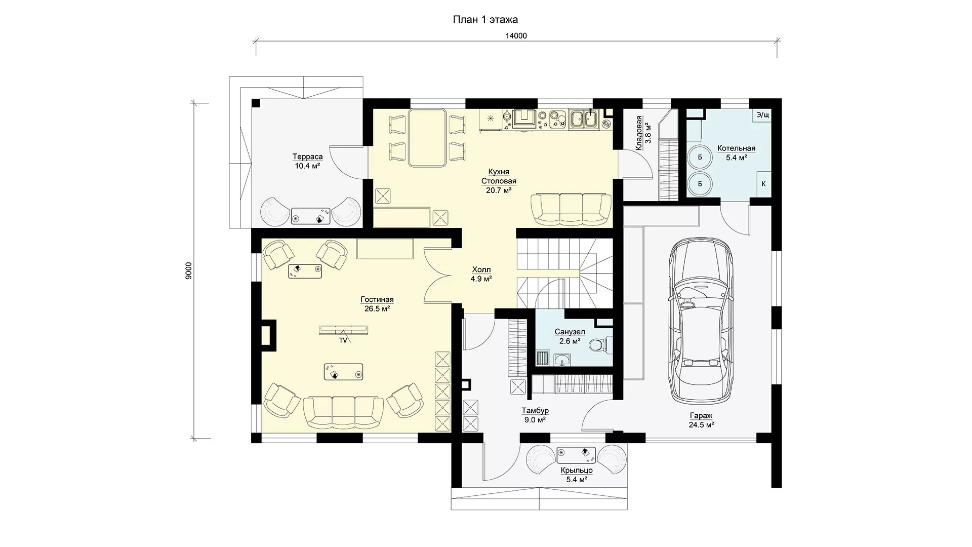 План первого этажа двухэтажного дома 9 на 14 БЭНПАН, проект МС-189