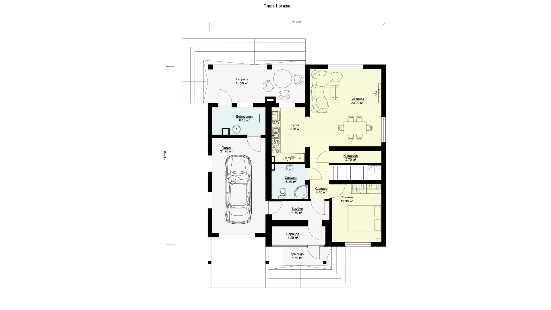 Планировка 1 этажа двухэтажный дом 11 на 11 с гаражом, проект МС-191