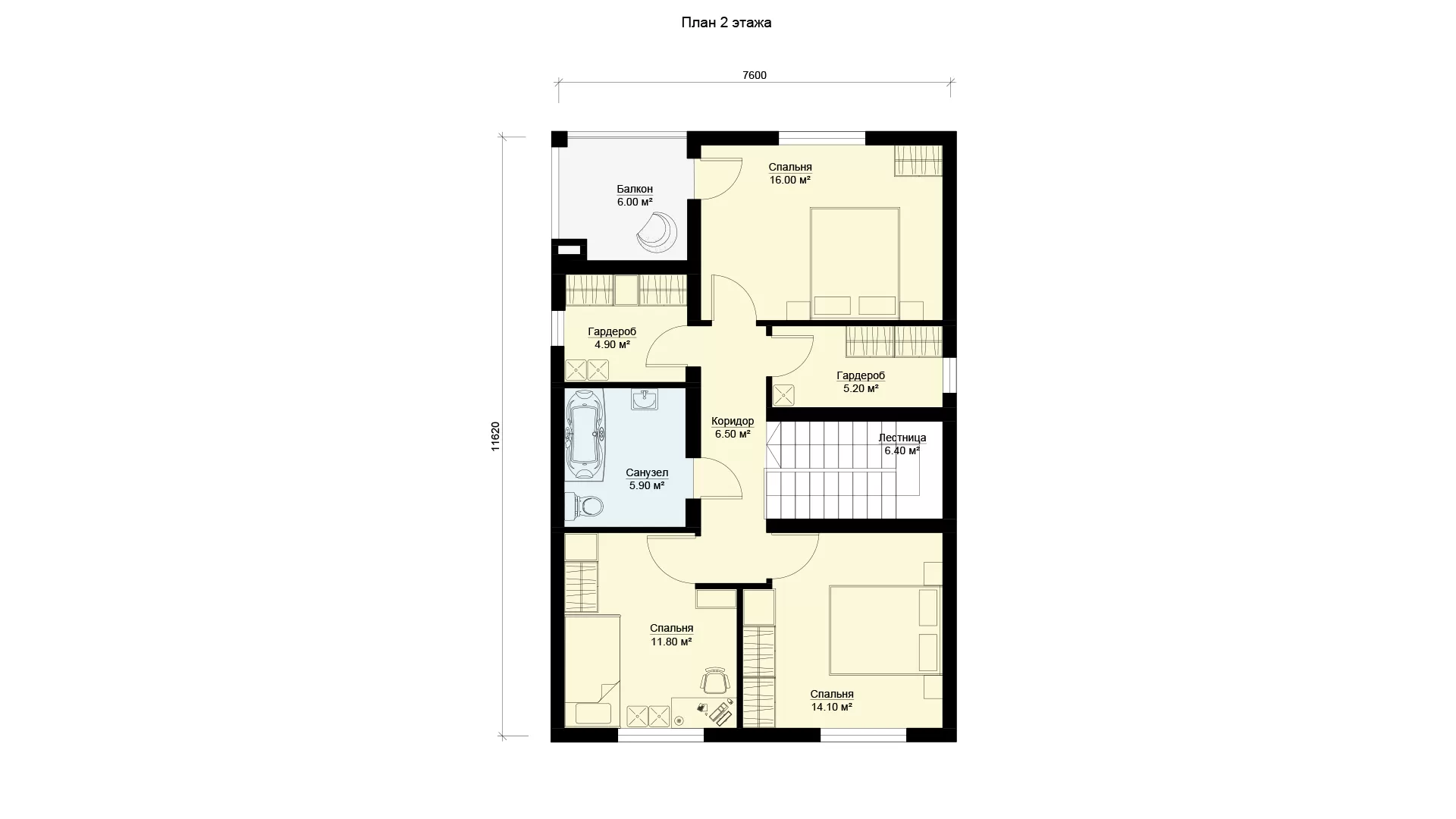 План второго этажа двухэтажный дом 11 на 11 с гаражом, МС-191