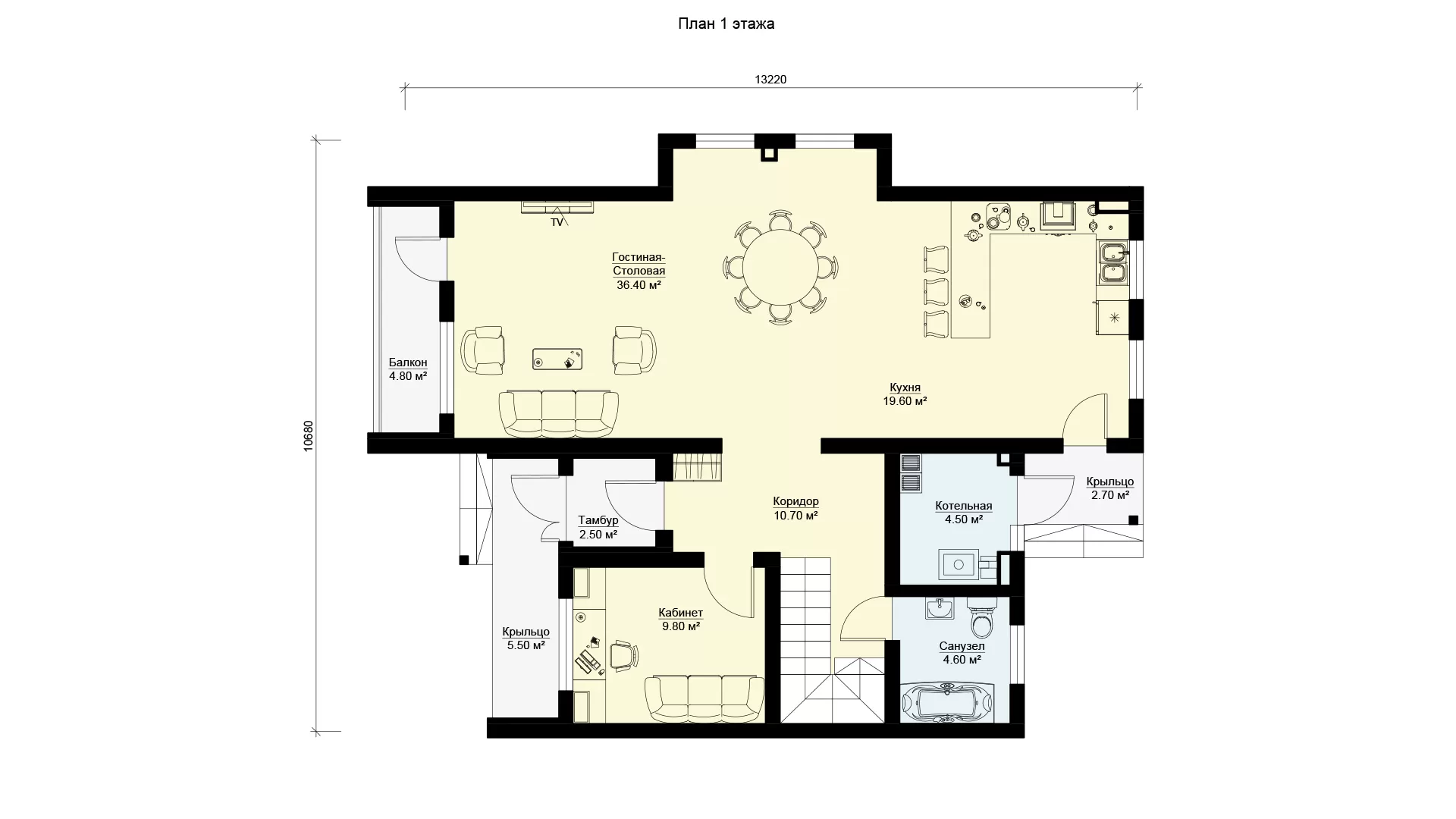 План первого этажа коттедж с 3 спальнями и плоской крышей, проект МС-198