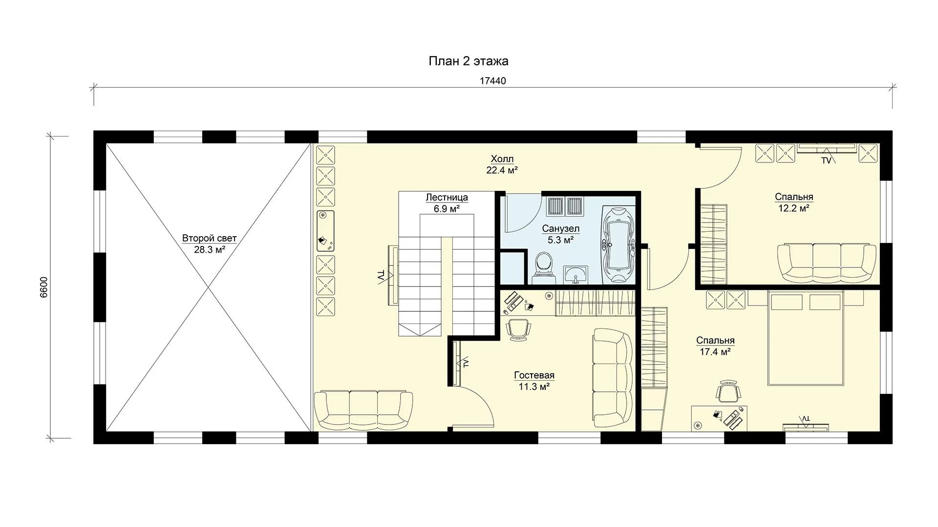 Планировка второго этажа узкий загородный дом БЭНПАН, проект МС-200