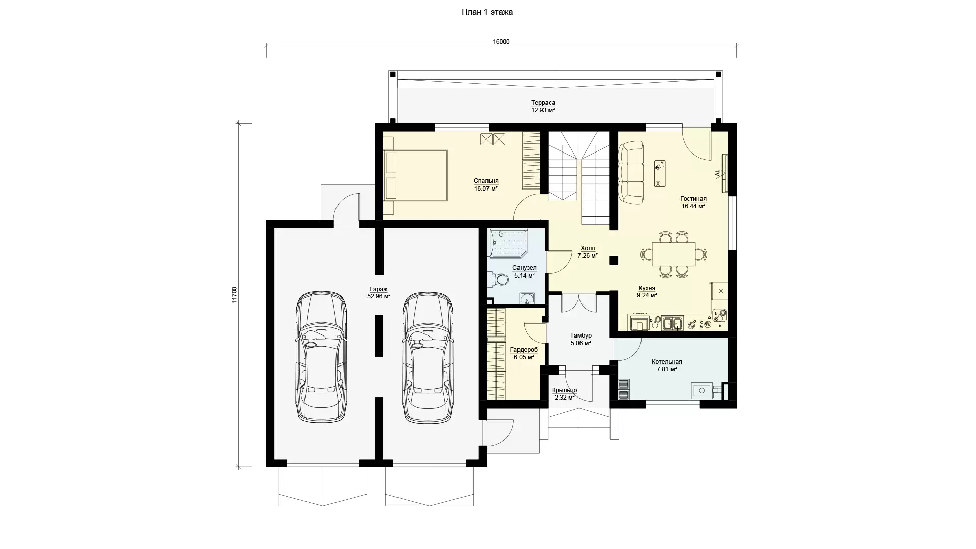 План первого этажа двухэтажного дома 12 на 16 с террасой и гаражом МС-215