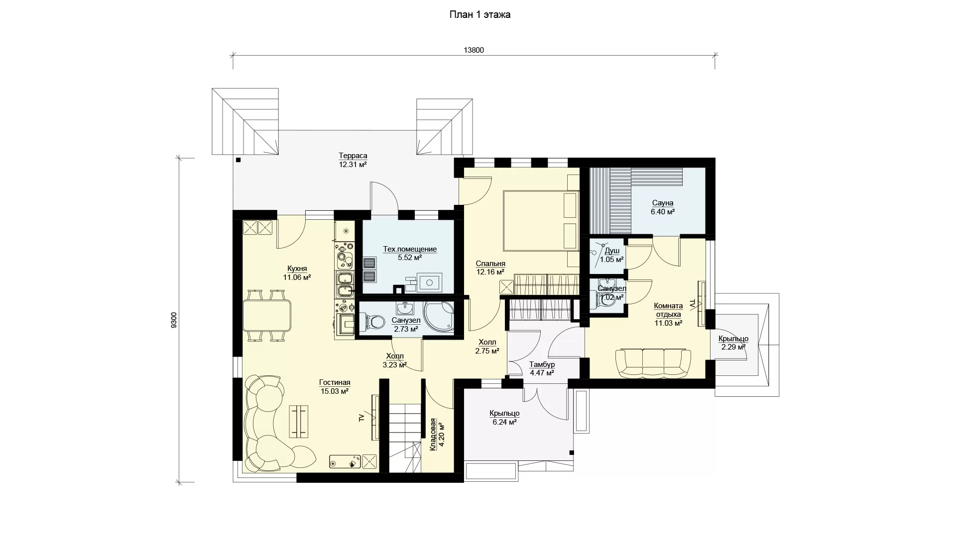 План первого этажа двухэтажного дома с сауной и 2 террасами БЭНПАН МС-224