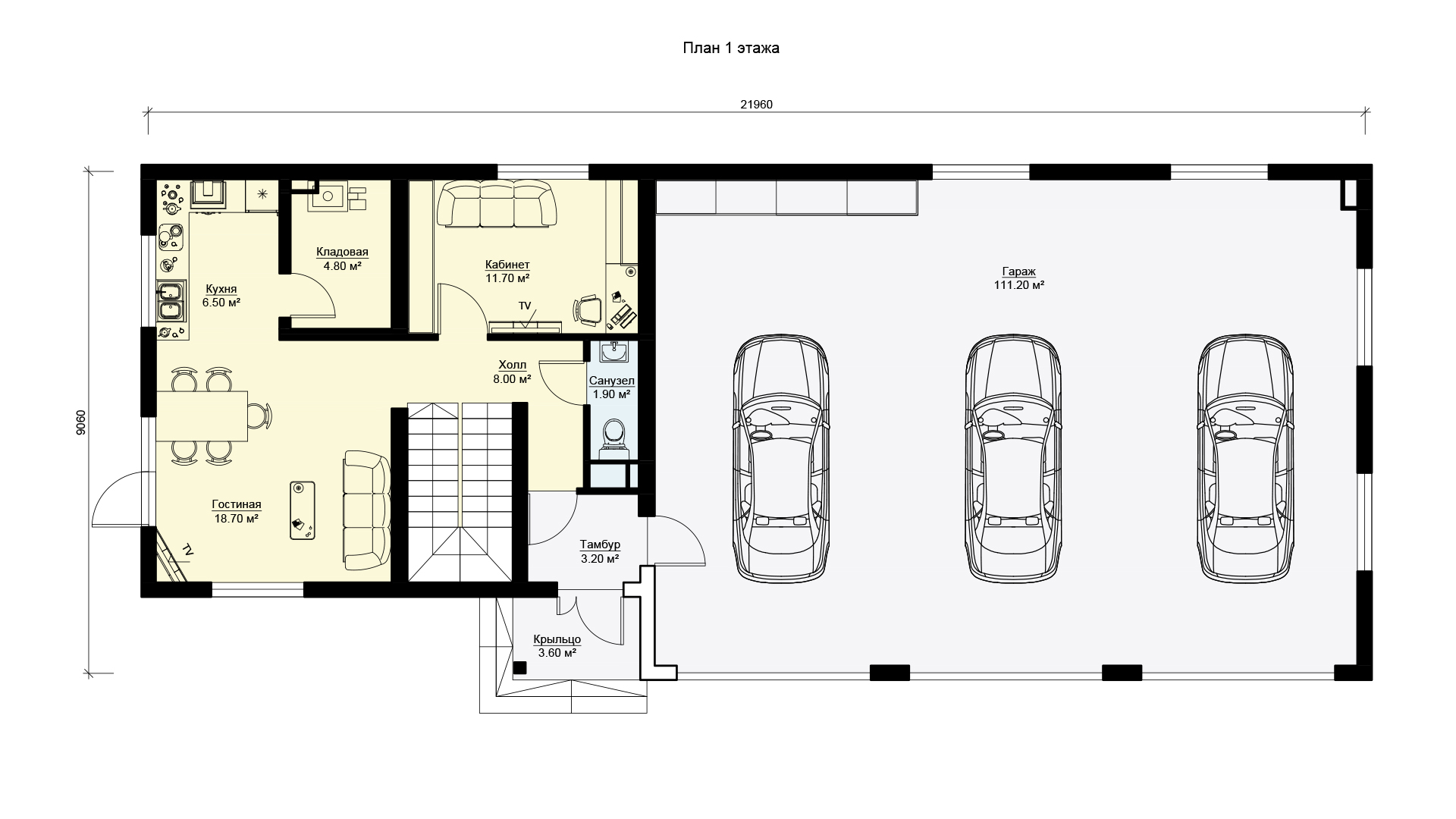 План первого этажа дома для гостей с гаражом на три машины, проект БЭНПАН МС-231.