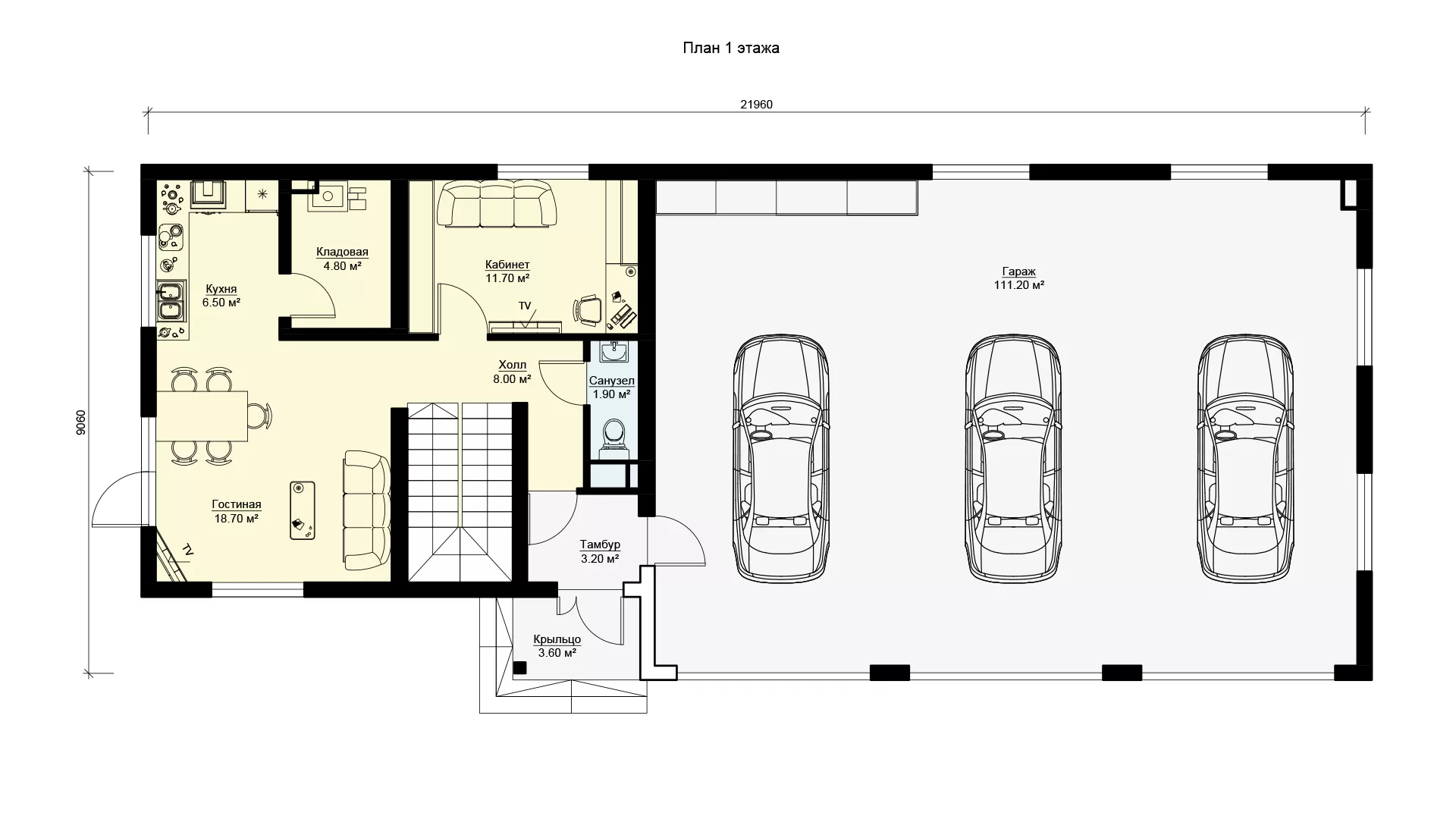 План первого этажа дома для гостей с гаражом, проект БЭНПАН МС-231