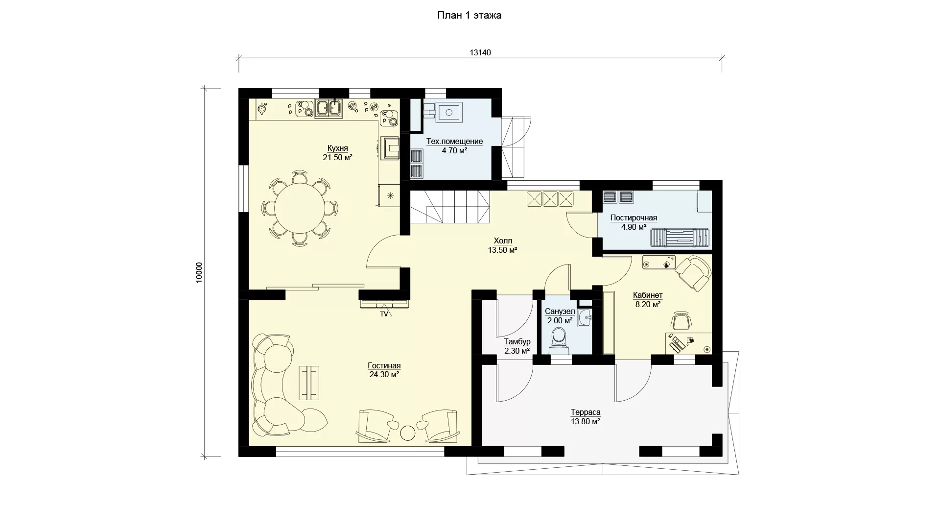 План первого этажа двухэтажный дом 10 на 13 БЭНПАН, проект МС-233