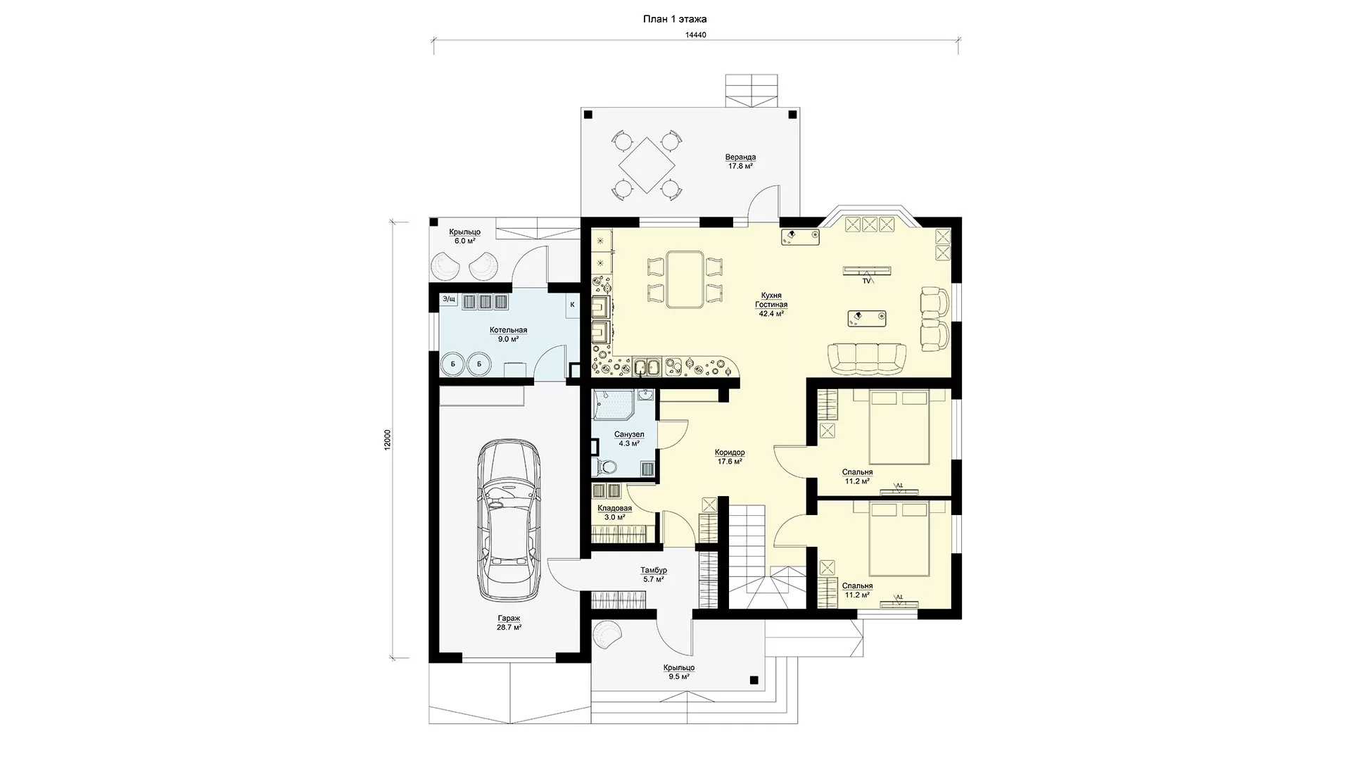 План первого этажа двухэтажного дома 12 на 14 с гаражом  БЭНПАН, проект МС-240/4