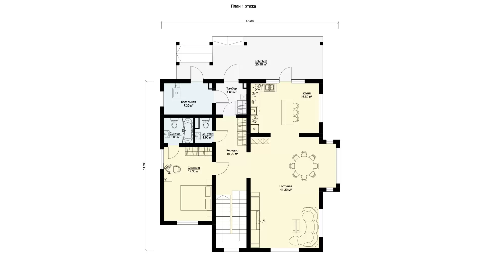 План первого этажа дома 12 на 12 двухэтажного, проект МС-245