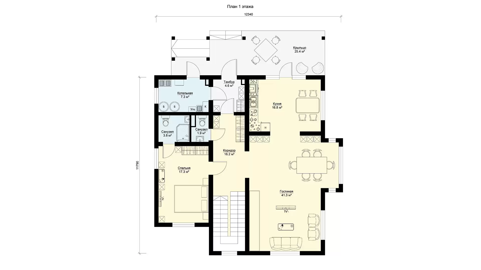 Планировка первого этажа двухэтажный дом 12 на 12 с эркером, проект МС-246