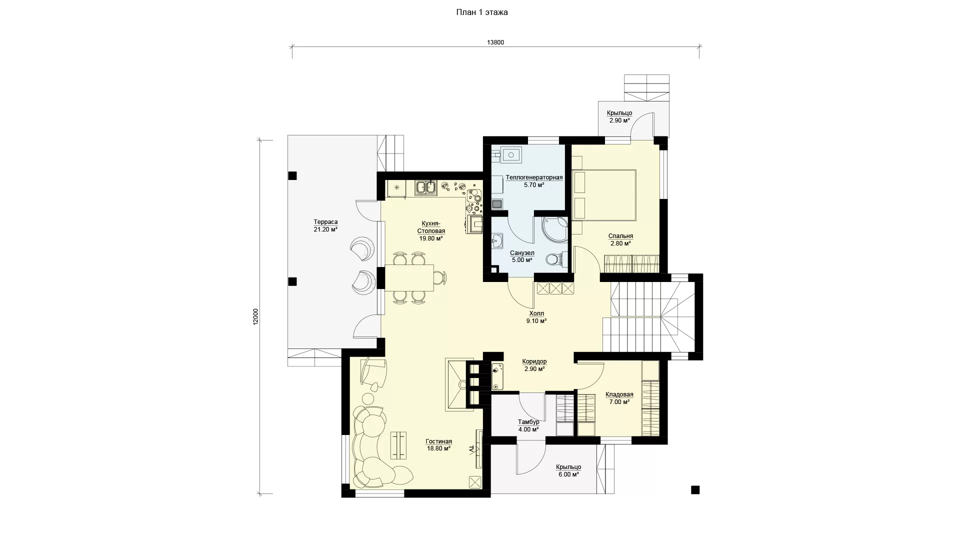 План первого этажа дома 12 на 14 с плоской крышей, проект МС-247