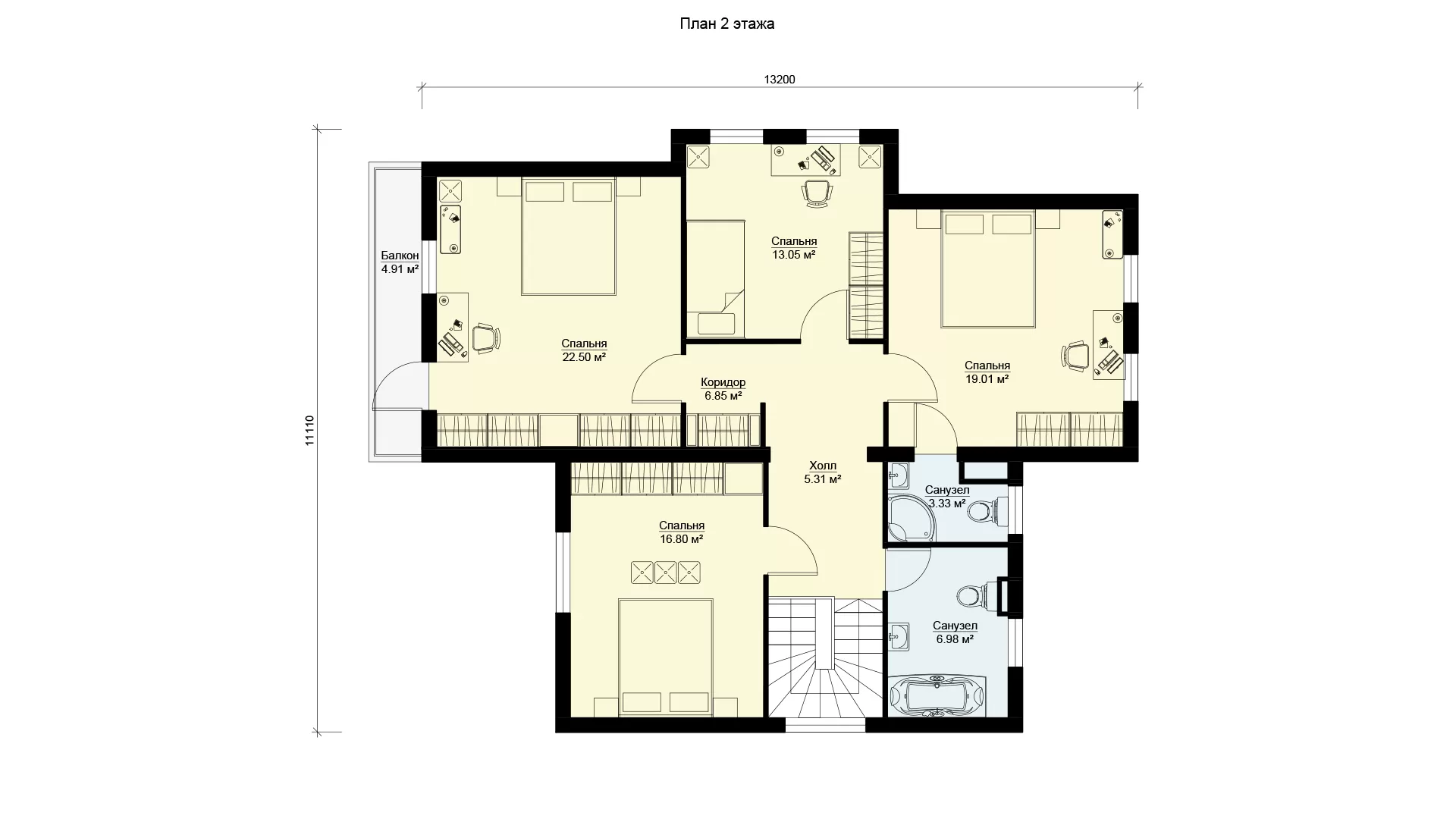 План второго этажа дома БЭНПАН с ассиметричным фасадом, проект МС-253