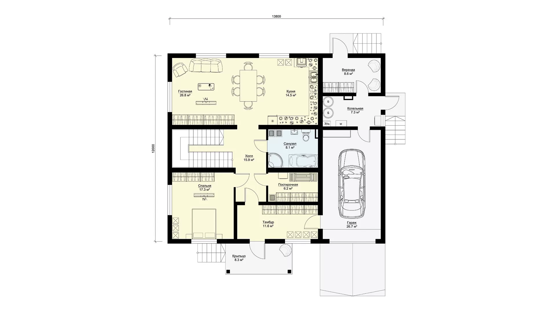 План первого этажа двухэтажный дом с 4 спальнями и гаражом БЭНПАН МС-255