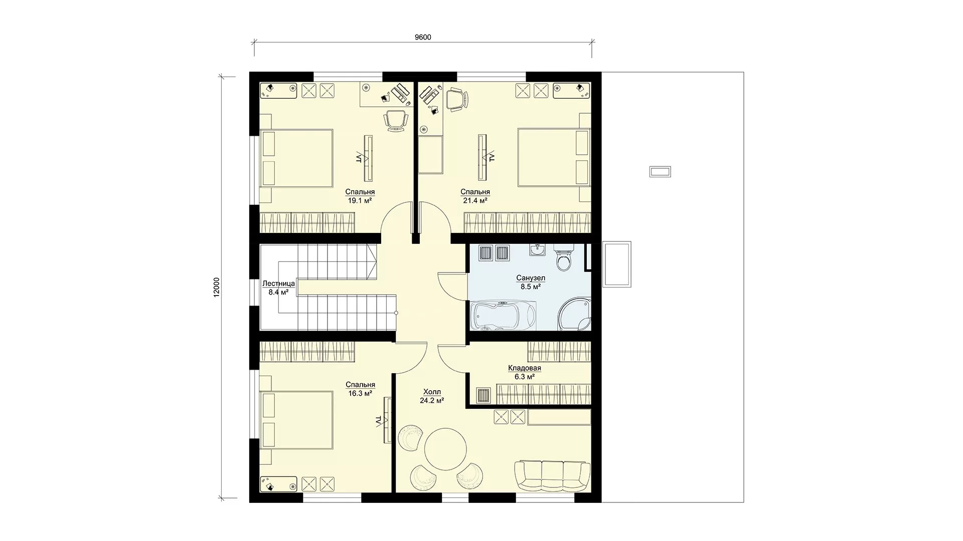 Планировка второго этажа дома с 4 спальнями и гаражом БЭНПАН МС-255