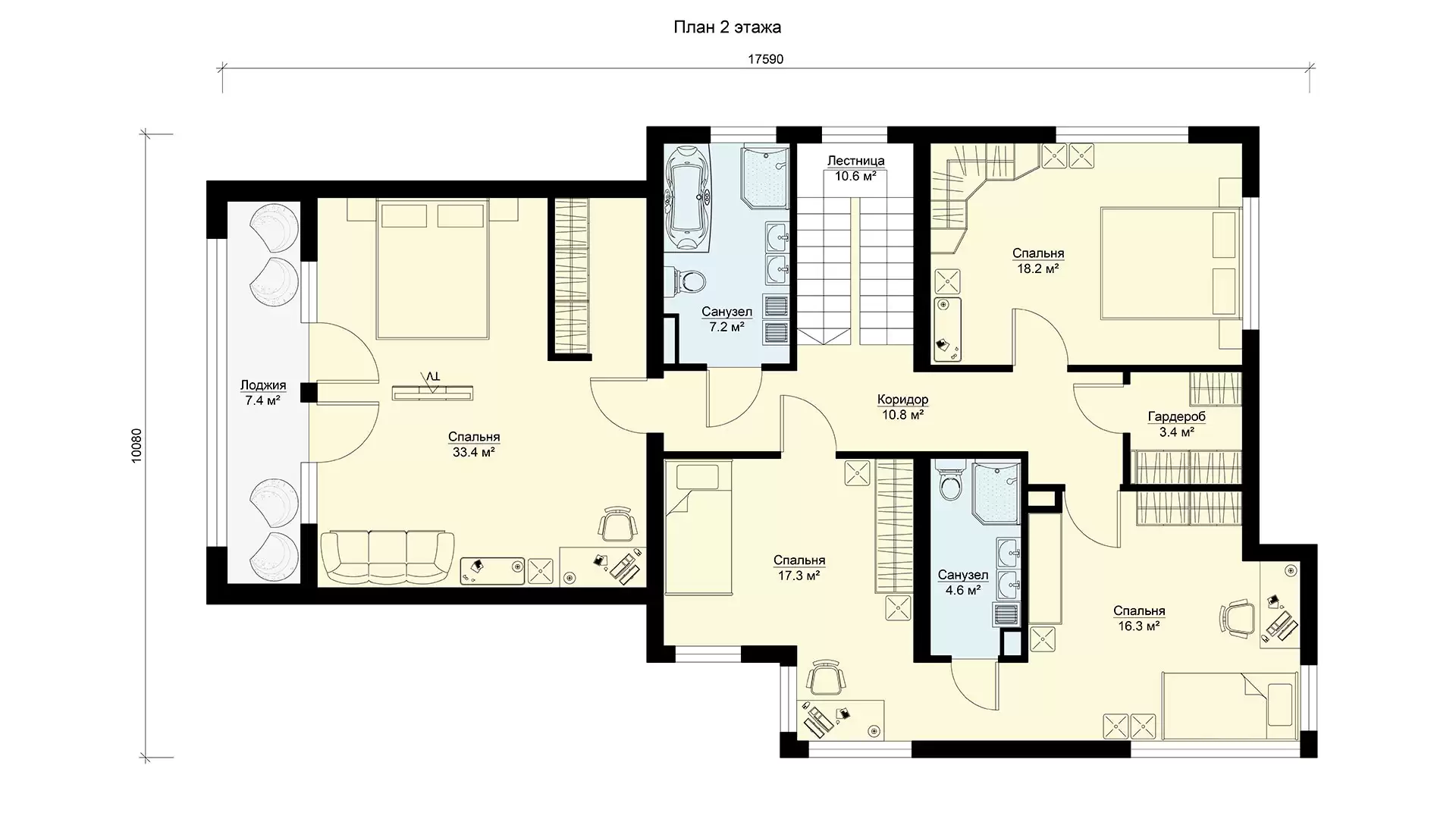 План второго этажа дом с 4 спальнями, террасой и гаражом проект МС-263
