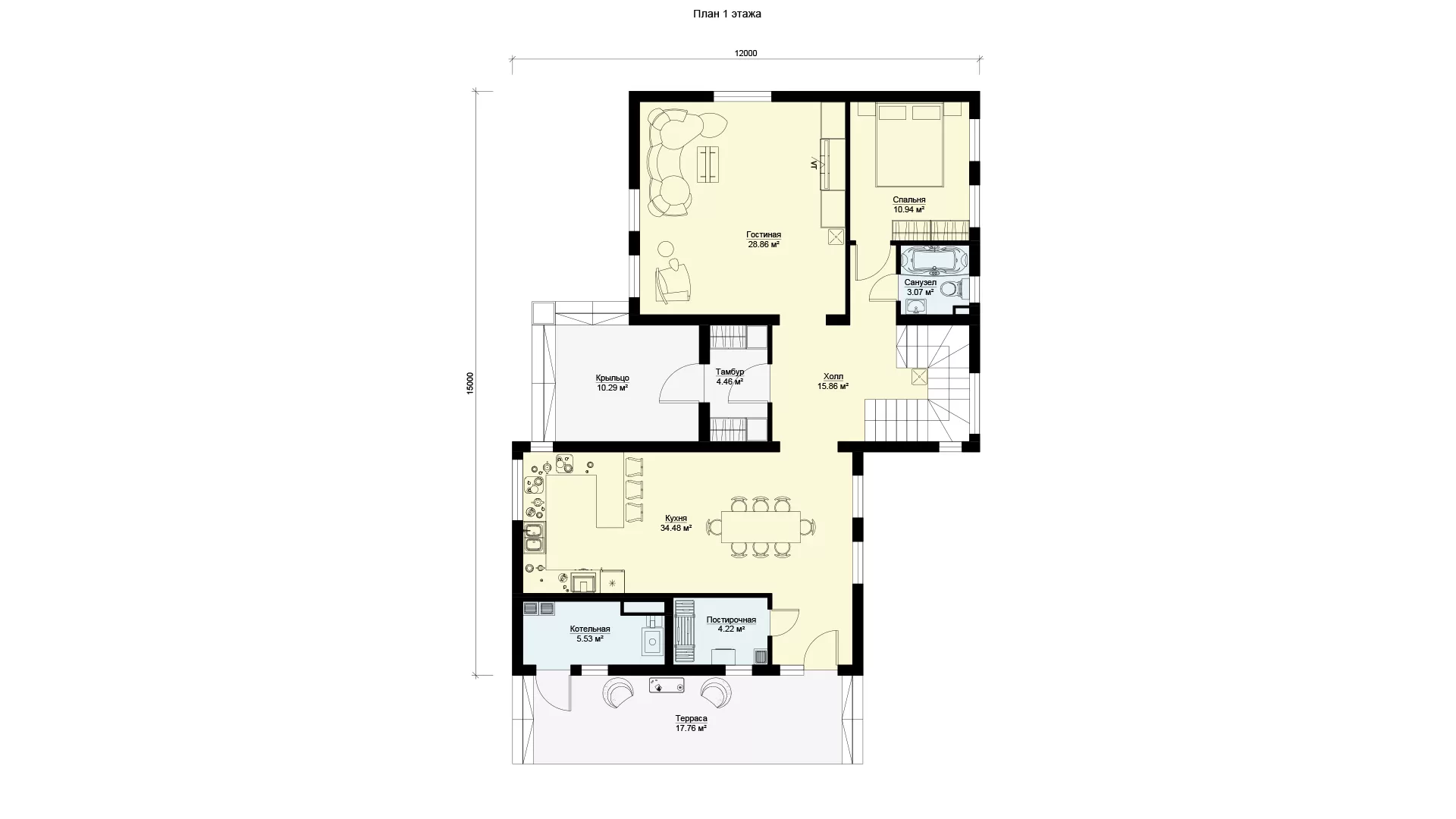 План первого этажа двухэтажного дома 12 на 15, проект БЭНПАН МС-296