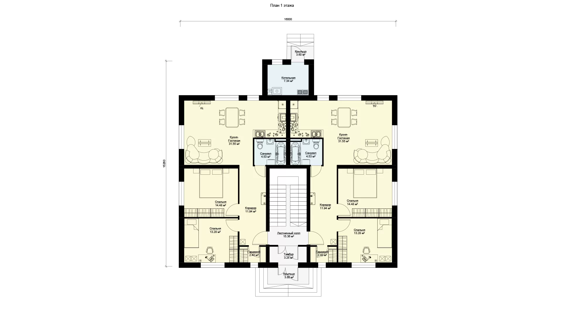 Четырехквартирный дом на 4 семьи - планировка первого этажа (МС-346)
