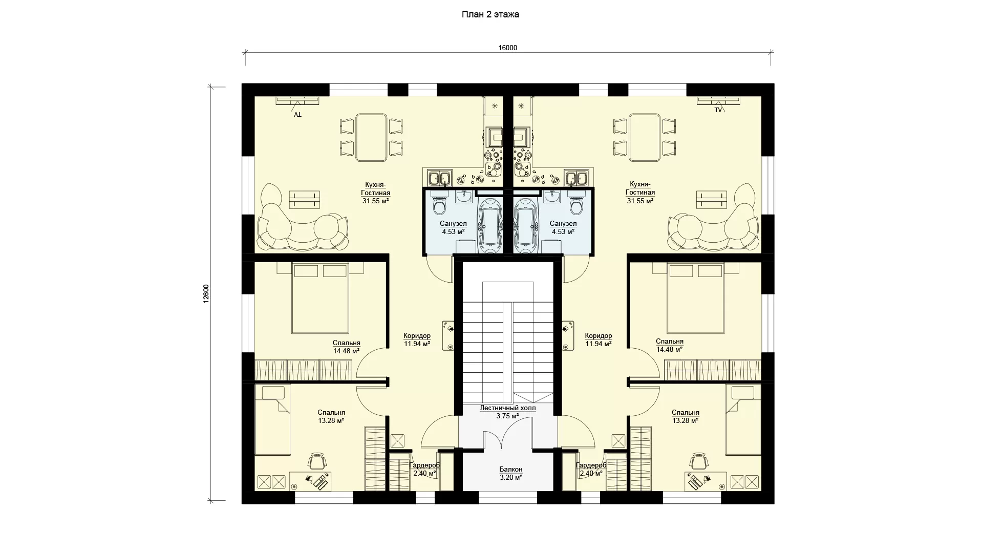 Планировка второго этажа проекта МС-346 - дома на 4 квартиры