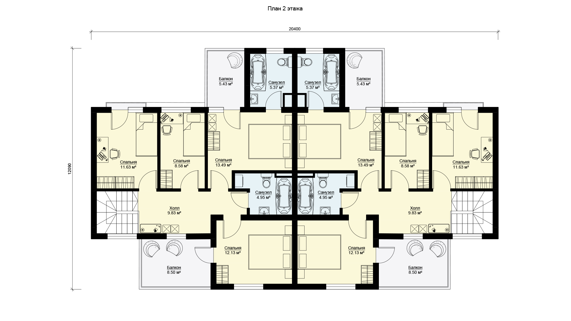 Планировка второго этажа проекта МС-397 - дом на 2 семьи.