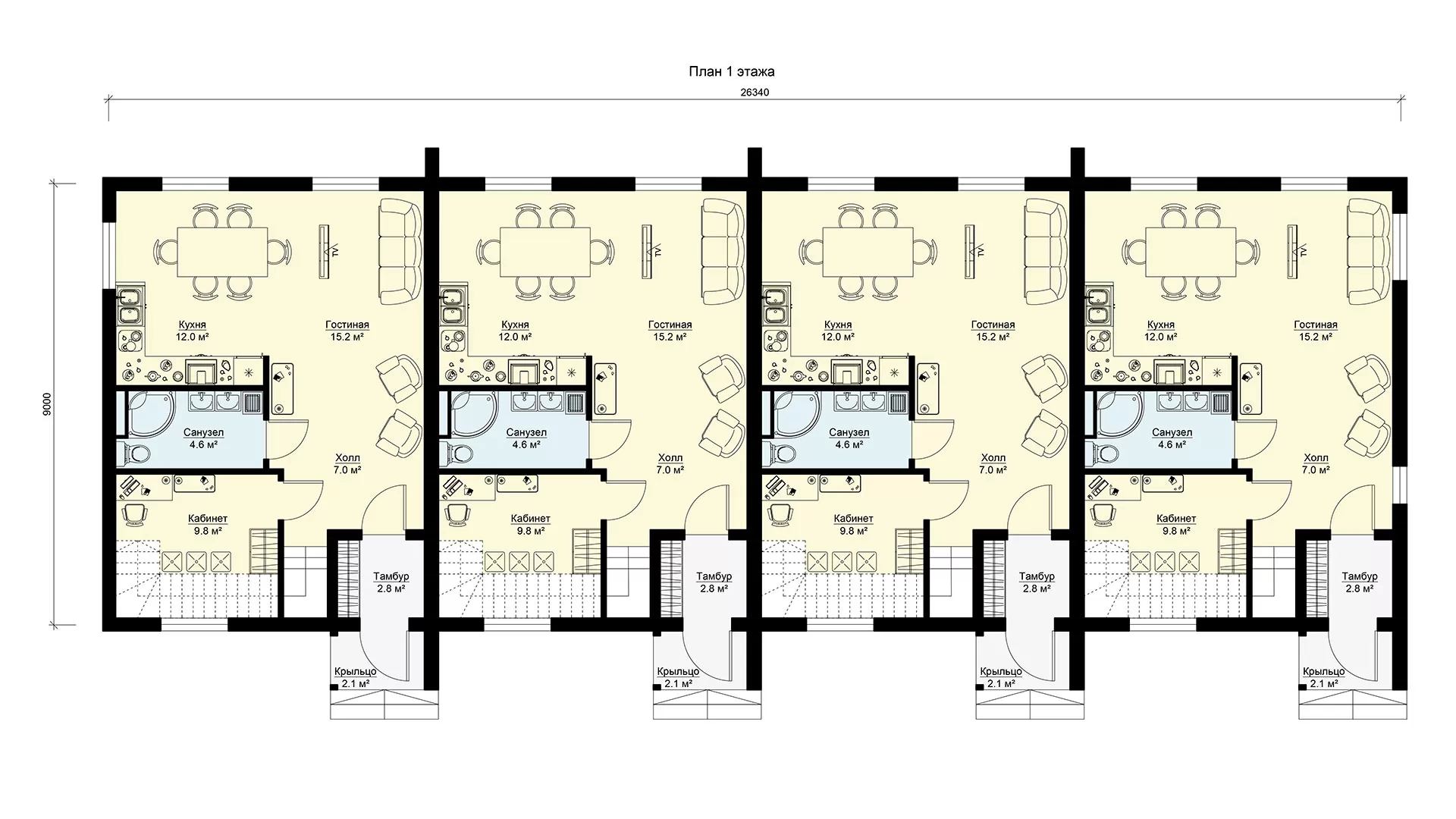 Планировка 1 этажа двухэтажный многоквартирный дом для 4 семей, проекта МС-425
