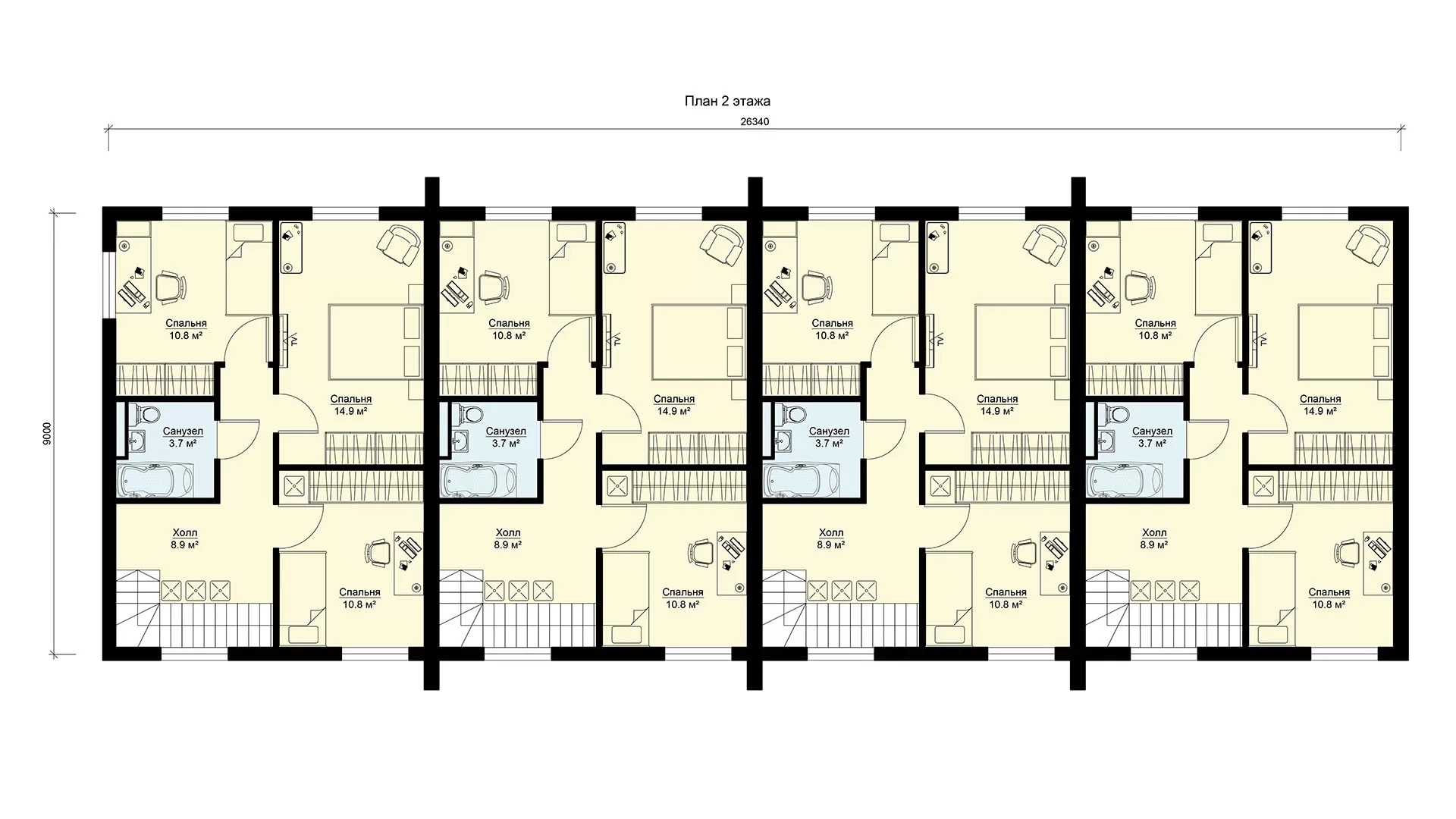 План второго этажа двухэтажный дом на 4 квартиры, проекта МС-425