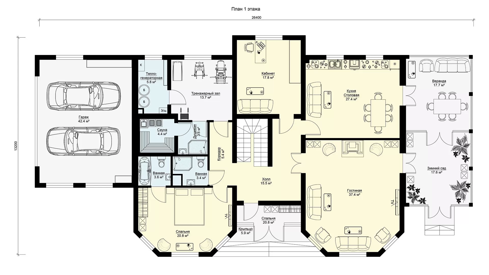 Планировка 1 этажа большой двухэтажный дом с гаражом на 2 машины, МС-474