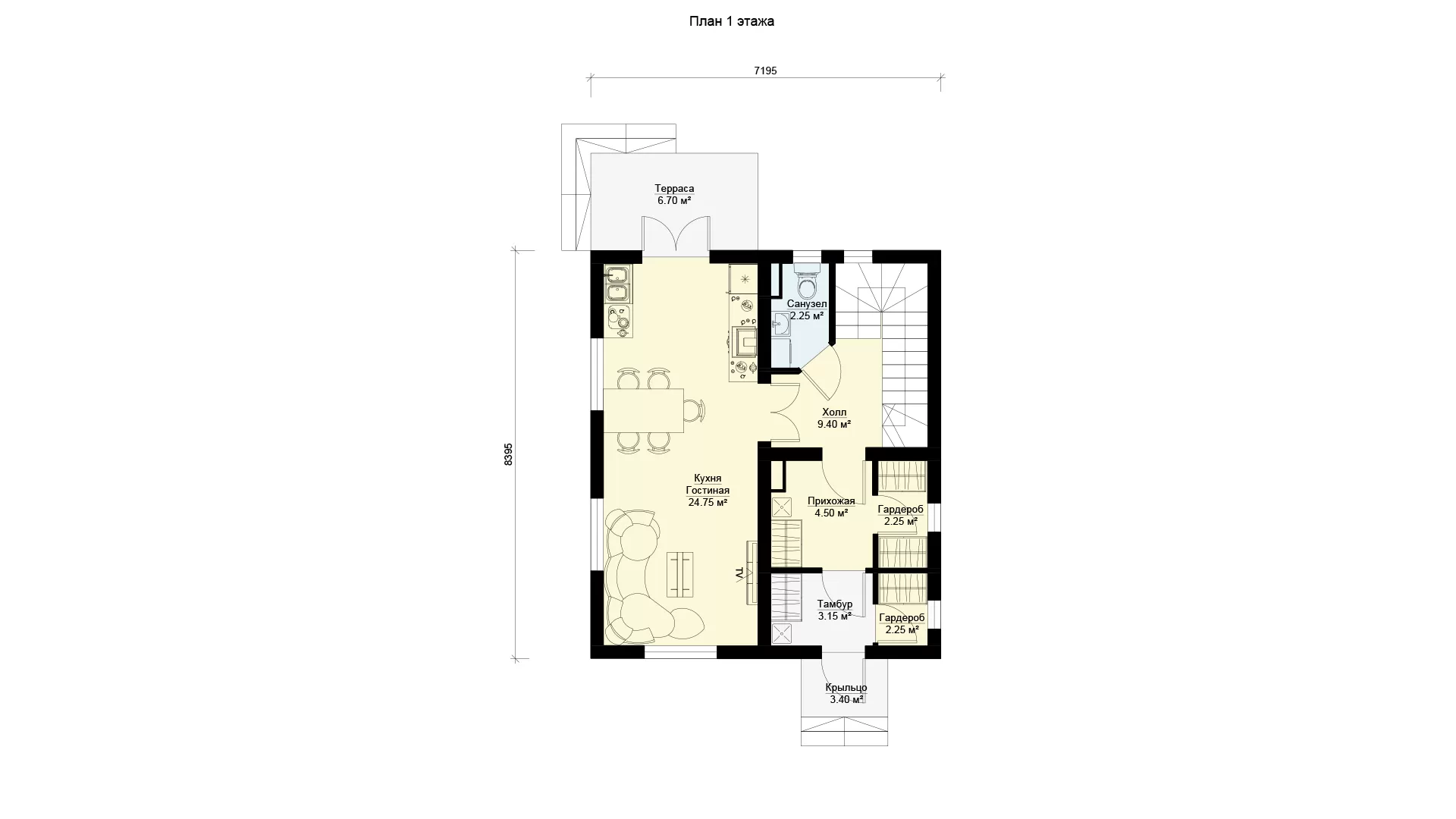 План первого этажа двухэтажный дом 100 метров с 2 спальнями, проект МС-97