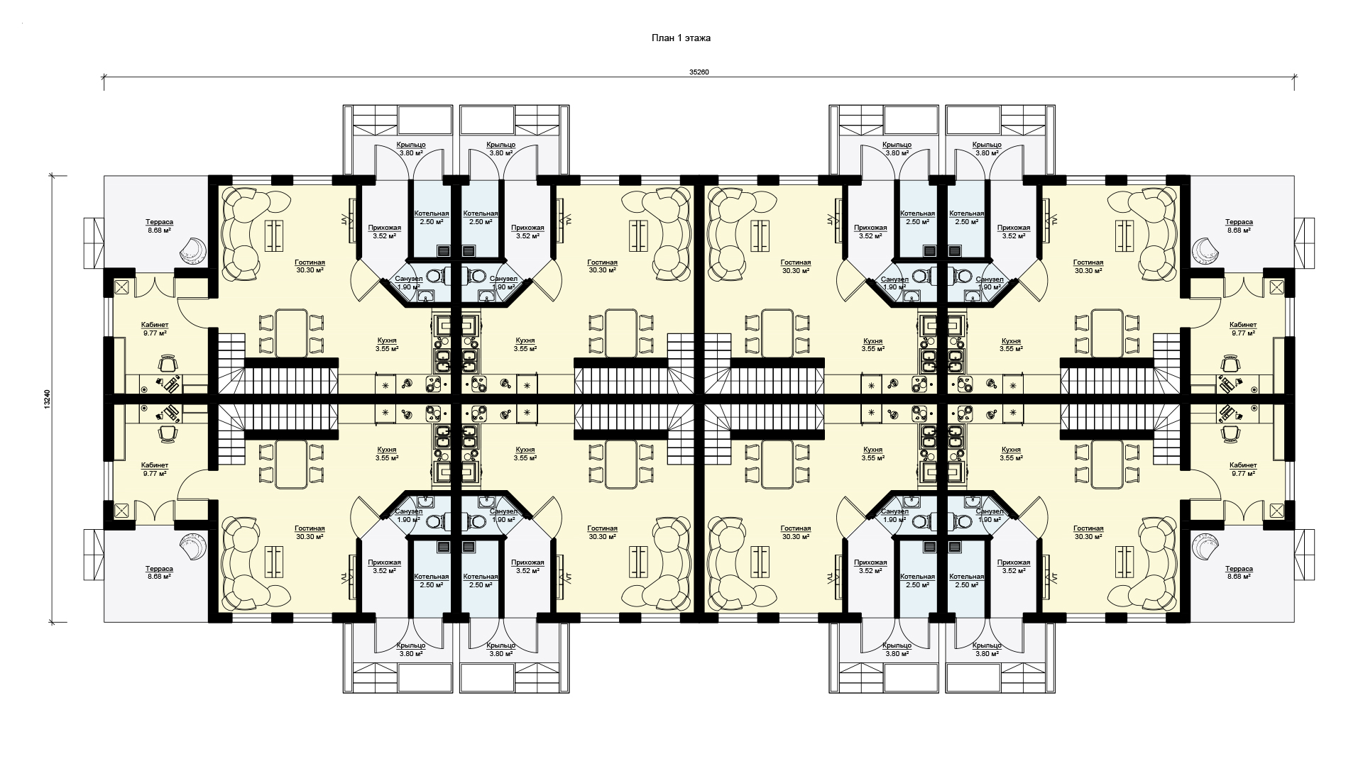 План первого этажа двухэтажного таунхауса от застройщика БЭНПАН, проект Таунхаус 743.