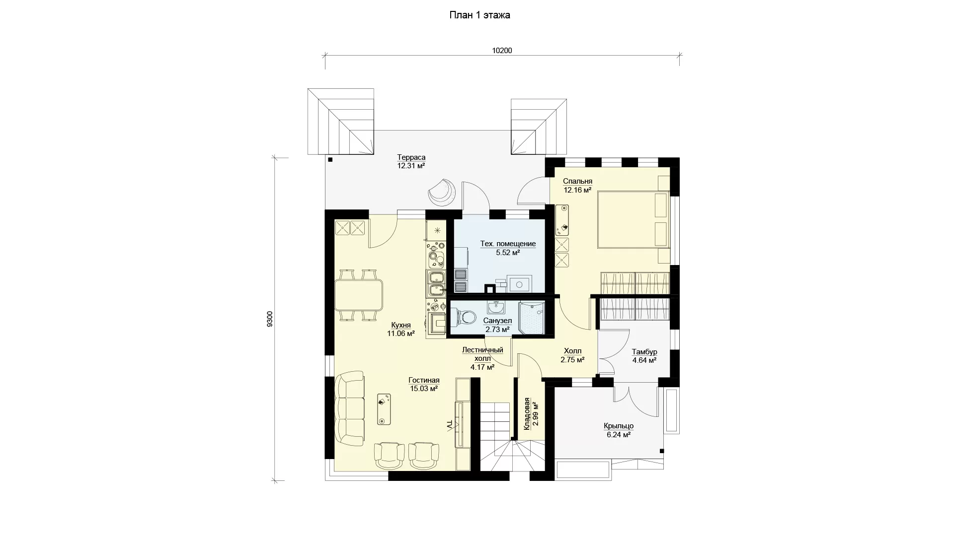 План первого этажа двухэтажного дома с двумя террасами МС-176